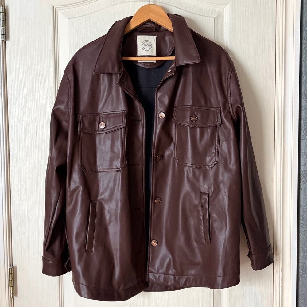 Stoosh Brown Leather Jacket, Zumiez, Buckle, Front pockets, button down, M